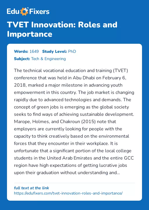 TVET Innovation: Roles and Importance - Essay Preview