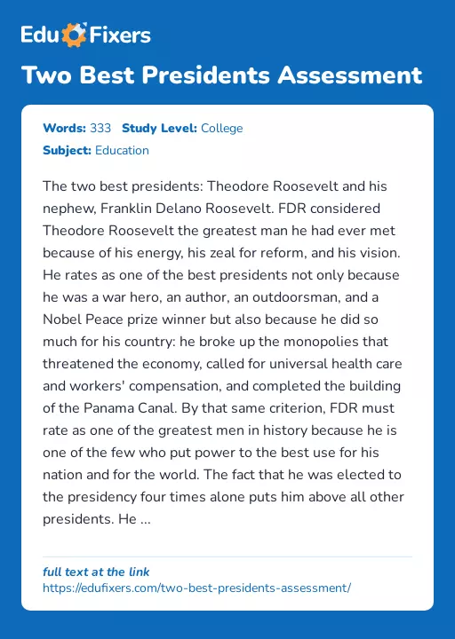 Two Best Presidents Assessment - Essay Preview