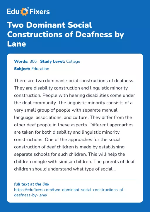 Two Dominant Social Constructions of Deafness by Lane - Essay Preview