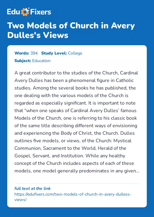 Two Models of Church in Avery Dulles's Views - Essay Preview
