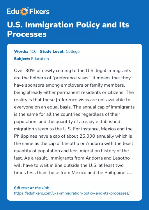 U.S. Immigration Policy and Its Processes - Essay Preview