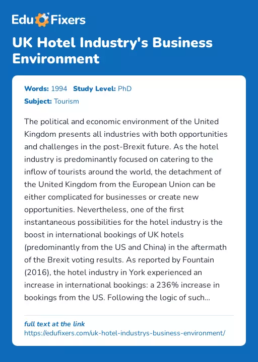 UK Hotel Industry's Business Environment - Essay Preview