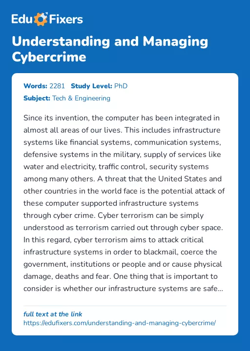 Understanding and Managing Cybercrime - Essay Preview