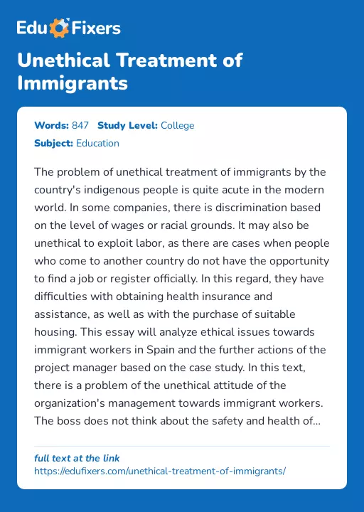 Unethical Treatment of Immigrants - Essay Preview