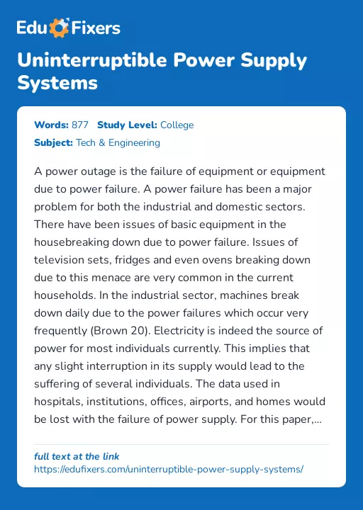 Uninterruptible Power Supply Systems - Essay Preview