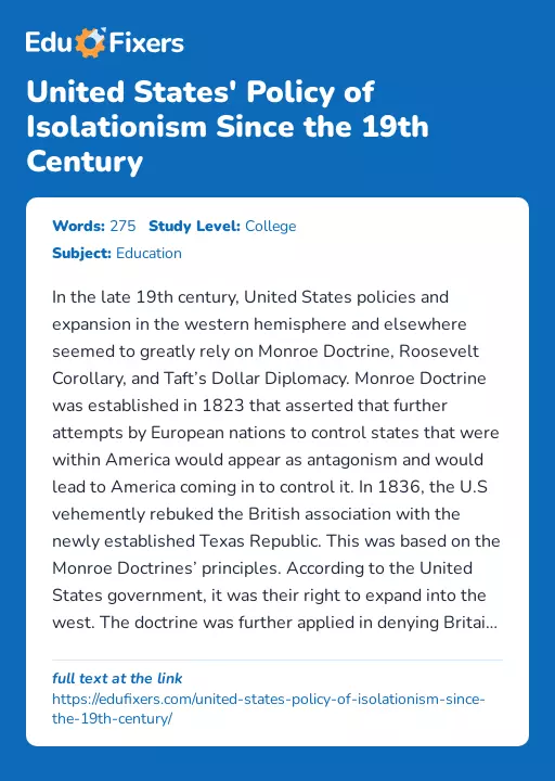 United States' Policy of Isolationism Since the 19th Century - Essay Preview