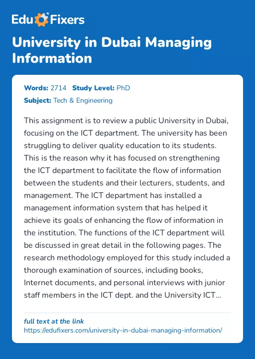 University in Dubai Managing Information - Essay Preview