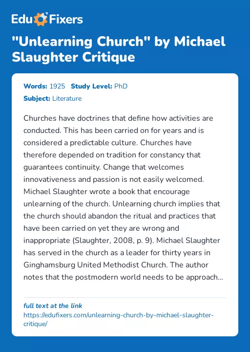 "Unlearning Church" by Michael Slaughter Critique - Essay Preview