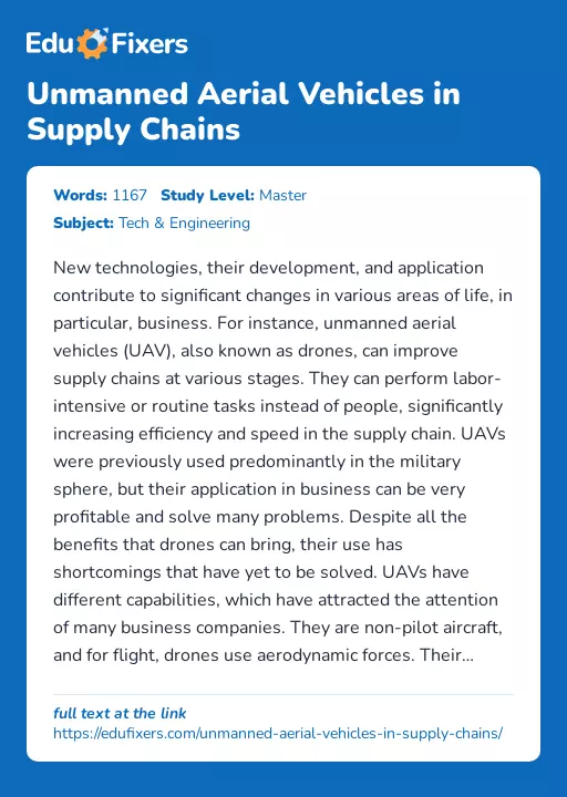 Unmanned Aerial Vehicles in Supply Chains - Essay Preview