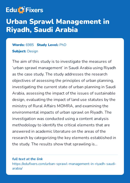 Urban Sprawl Management in Riyadh, Saudi Arabia - Essay Preview