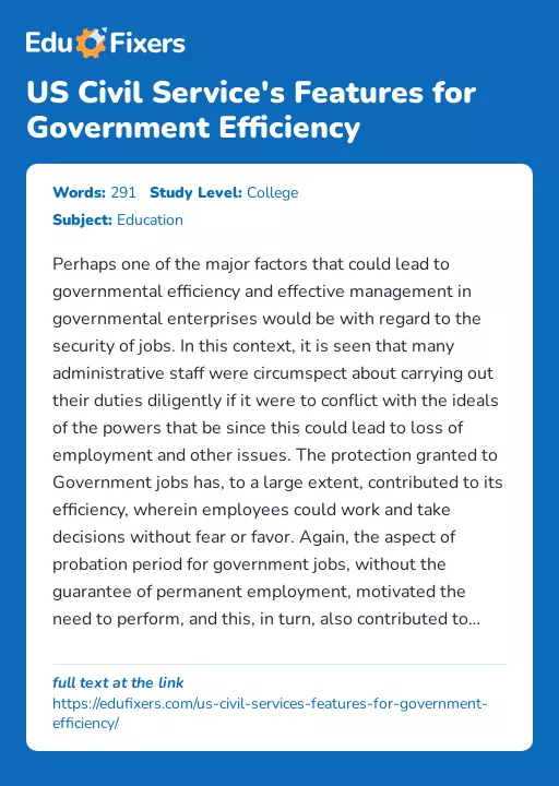 US Civil Service's Features for Government Efficiency - Essay Preview