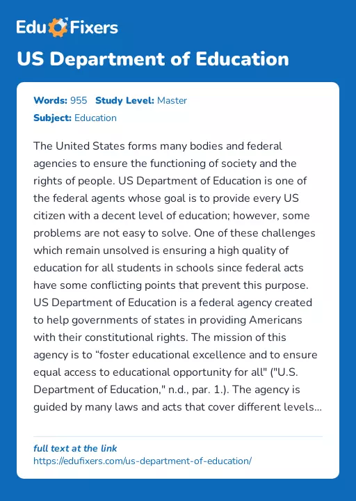 US Department of Education - Essay Preview