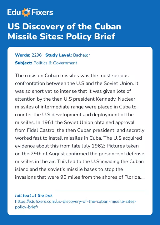 US Discovery of the Cuban Missile Sites: Policy Brief - Essay Preview