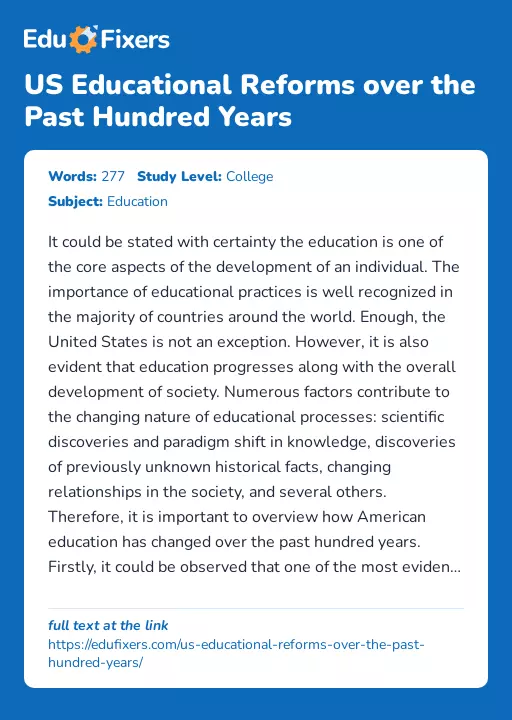 US Educational Reforms over the Past Hundred Years - Essay Preview