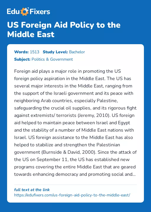 US Foreign Aid Policy to the Middle East - Essay Preview