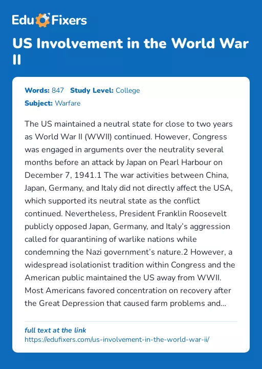 US Involvement in the World War II - Essay Preview
