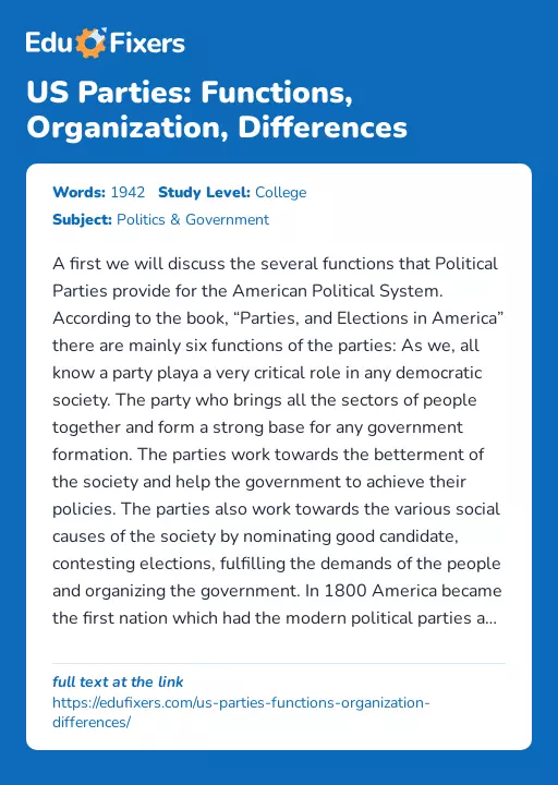 US Parties: Functions, Organization, Differences - Essay Preview