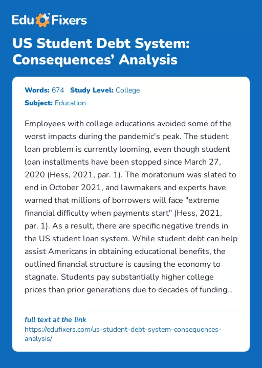 US Student Debt System: Consequences’ Analysis - Essay Preview