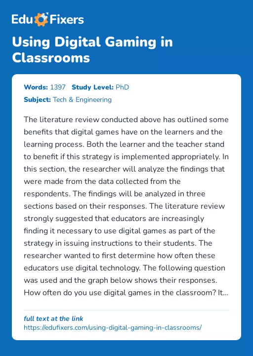 Using Digital Gaming in Classrooms - Essay Preview