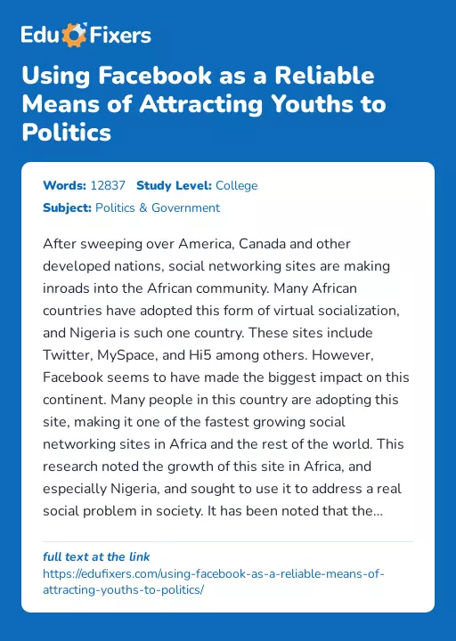 Using Facebook as a Reliable Means of Attracting Youths to Politics - Essay Preview