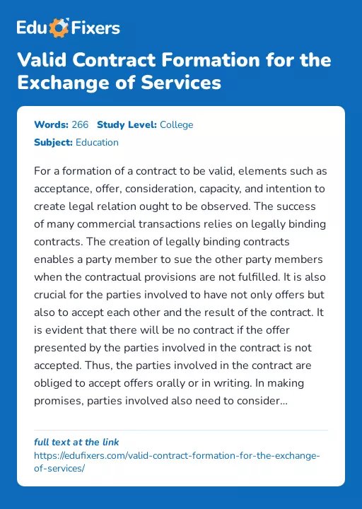Valid Contract Formation for the Exchange of Services - Essay Preview