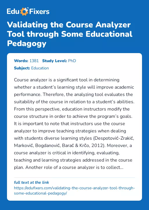 Validating the Course Analyzer Tool through Some Educational Pedagogy - Essay Preview