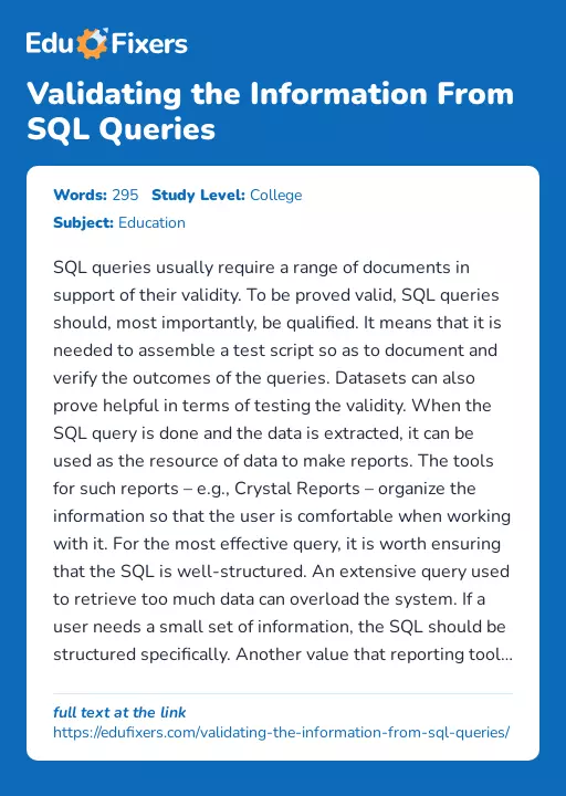 Validating the Information From SQL Queries - Essay Preview