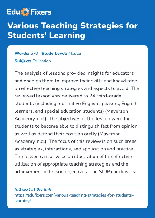 Various Teaching Strategies for Students’ Learning - Essay Preview