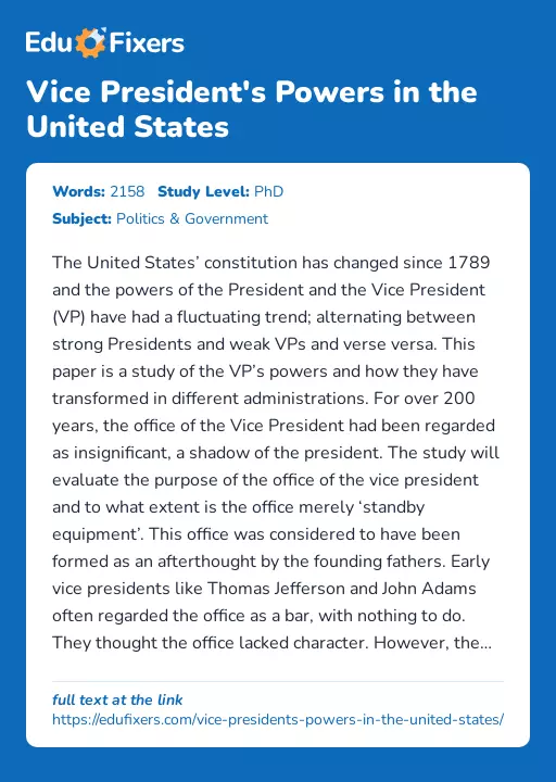 Vice President's Powers in the United States - Essay Preview