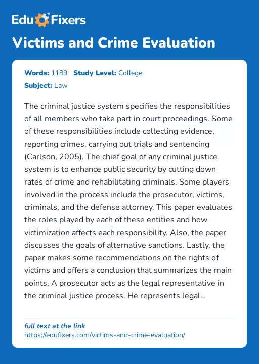 Victims and Crime Evaluation - Essay Preview