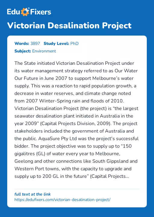 Victorian Desalination Project - Essay Preview