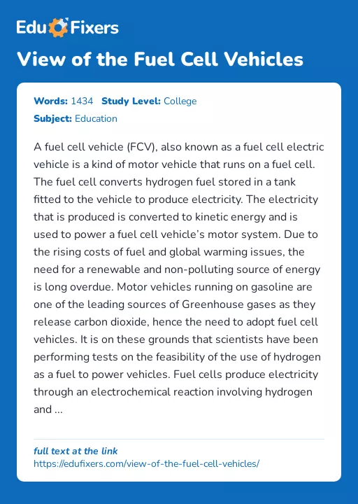 View of the Fuel Cell Vehicles - Essay Preview
