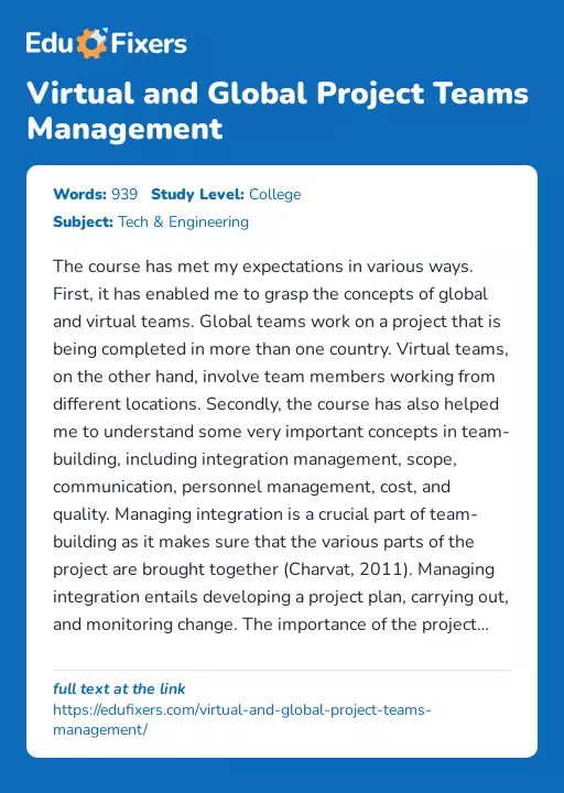 Virtual and Global Project Teams Management - Essay Preview