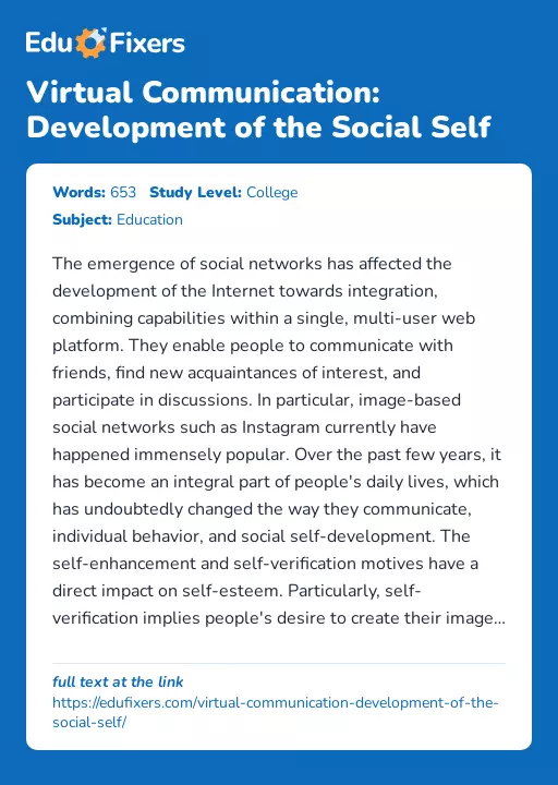 Virtual Communication: Development of the Social Self - Essay Preview