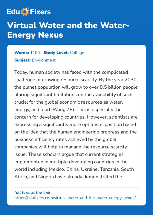 Virtual Water and the Water-Energy Nexus - Essay Preview
