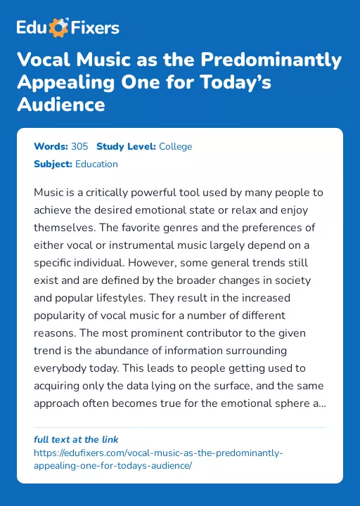 Vocal Music as the Predominantly Appealing One for Today’s Audience - Essay Preview