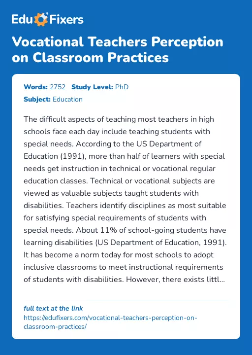 Vocational Teachers Perception on Classroom Practices - Essay Preview
