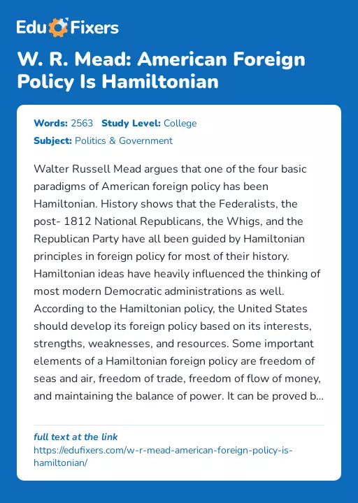 W. R. Mead: American Foreign Policy Is Hamiltonian - Essay Preview