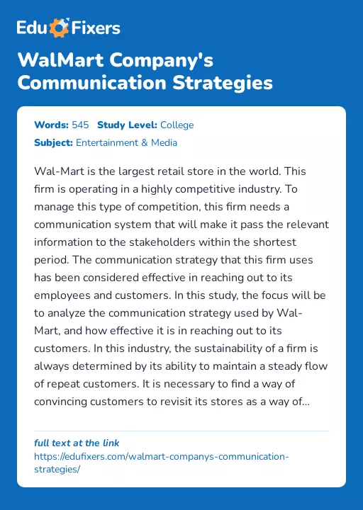 WalMart Company's Communication Strategies - Essay Preview