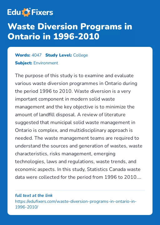 Waste Diversion Programs in Ontario in 1996-2010 - Essay Preview