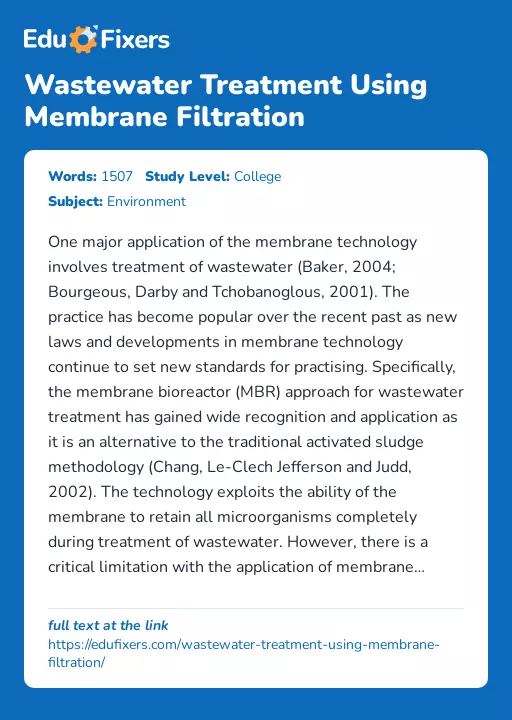 Wastewater Treatment Using Membrane Filtration - Essay Preview