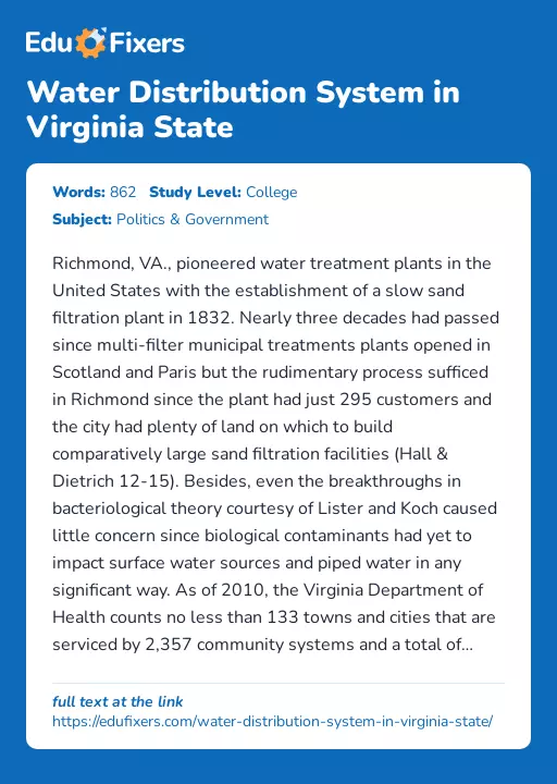 Water Distribution System in Virginia State - Essay Preview