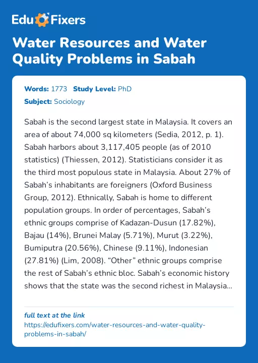 Water Resources and Water Quality Problems in Sabah - Essay Preview