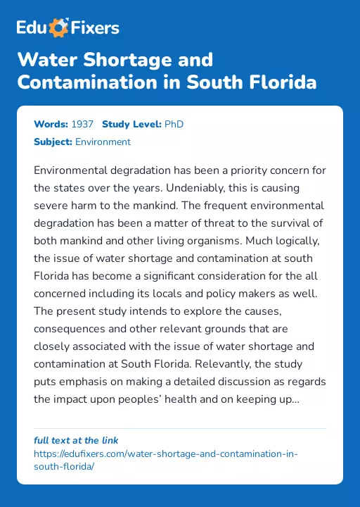 Water Shortage and Contamination in South Florida - Essay Preview