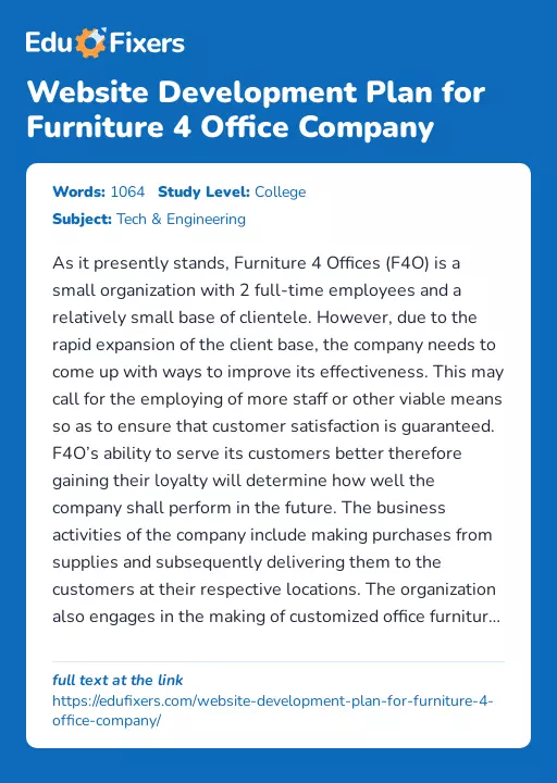 Website Development Plan for Furniture 4 Office Company - Essay Preview