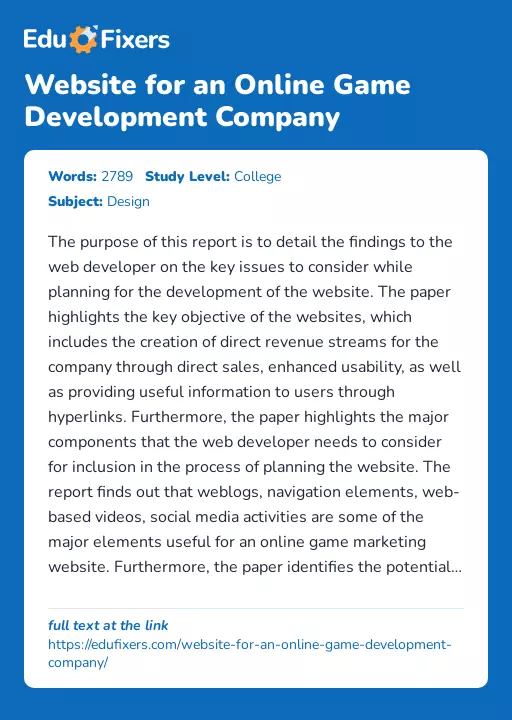 Website for an Online Game Development Company - Essay Preview