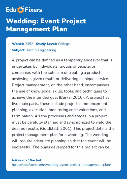 Wedding: Event Project Management Plan - Essay Preview