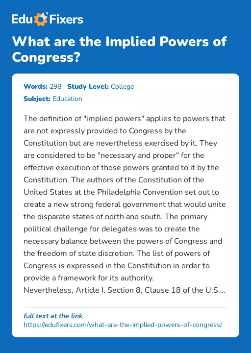 What are the Implied Powers of Congress? - Essay Preview