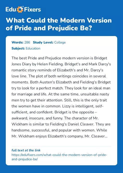 What Could the Modern Version of Pride and Prejudice Be? - Essay Preview