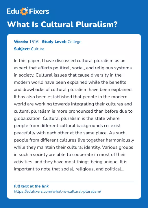 What Is Cultural Pluralism? - Essay Preview